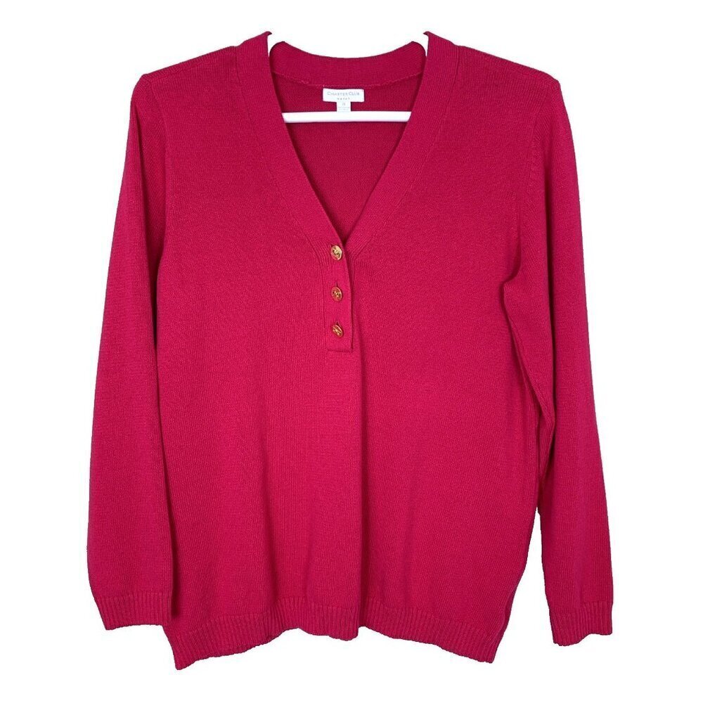 Charter Club Womens 2X Sweater Pullover V Neck Pink Gold‎ Button Knit Cotton